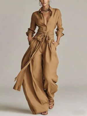 Long-sleeve Button-down Waist-tie Jumpsuit in Tan with buttoned