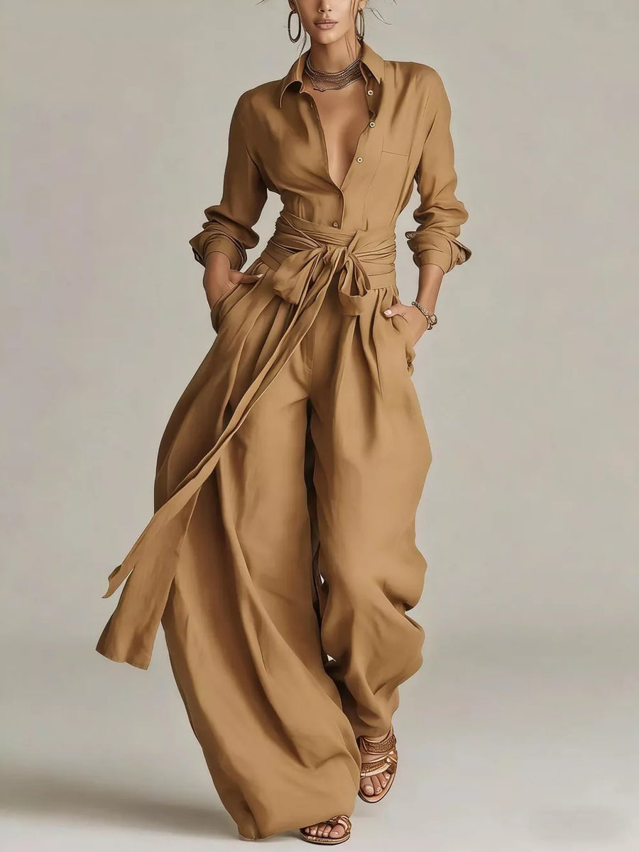 Long-sleeve Button-down Waist-tie Jumpsuit in Tan with buttoned
