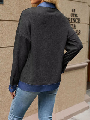 Contrast Denim Collar Zip Up Outerwear in Beige with collared
