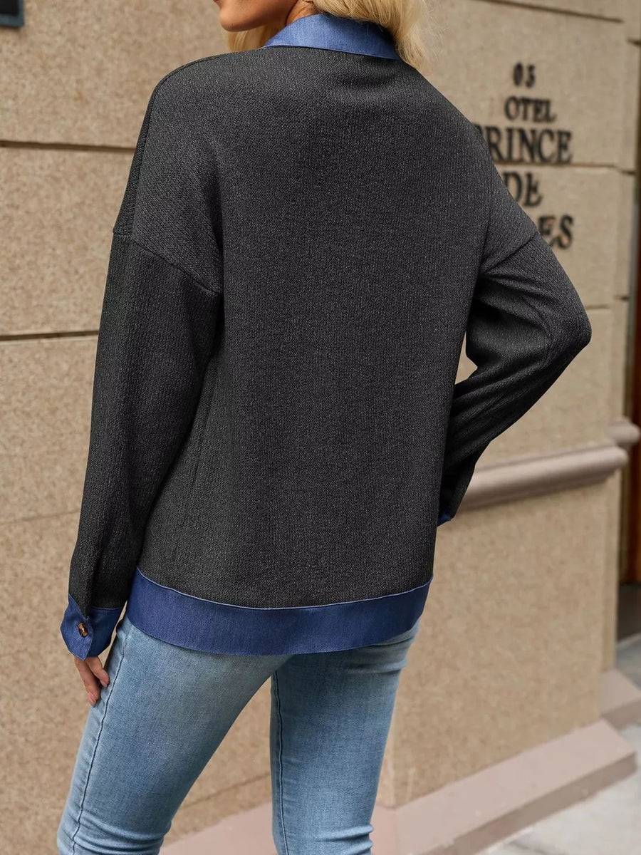 Contrast Denim Collar Zip Up Outerwear in Beige with collared