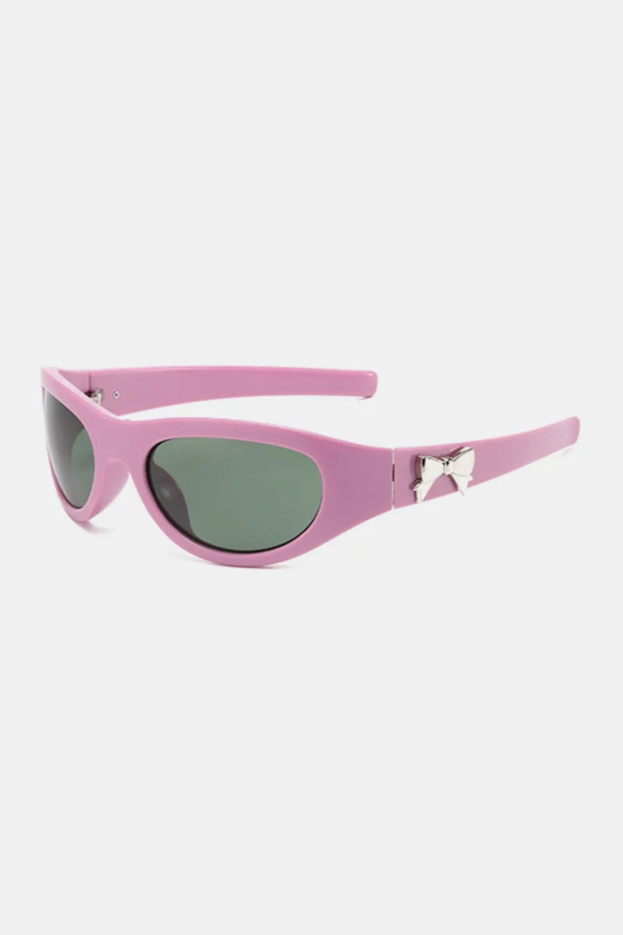 Dusty pink sporty shield sunglasses with silver bow embellishment detail.