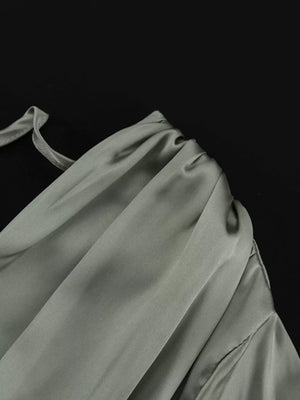 Sage green satin cowl neck top with ruched shoulder detail