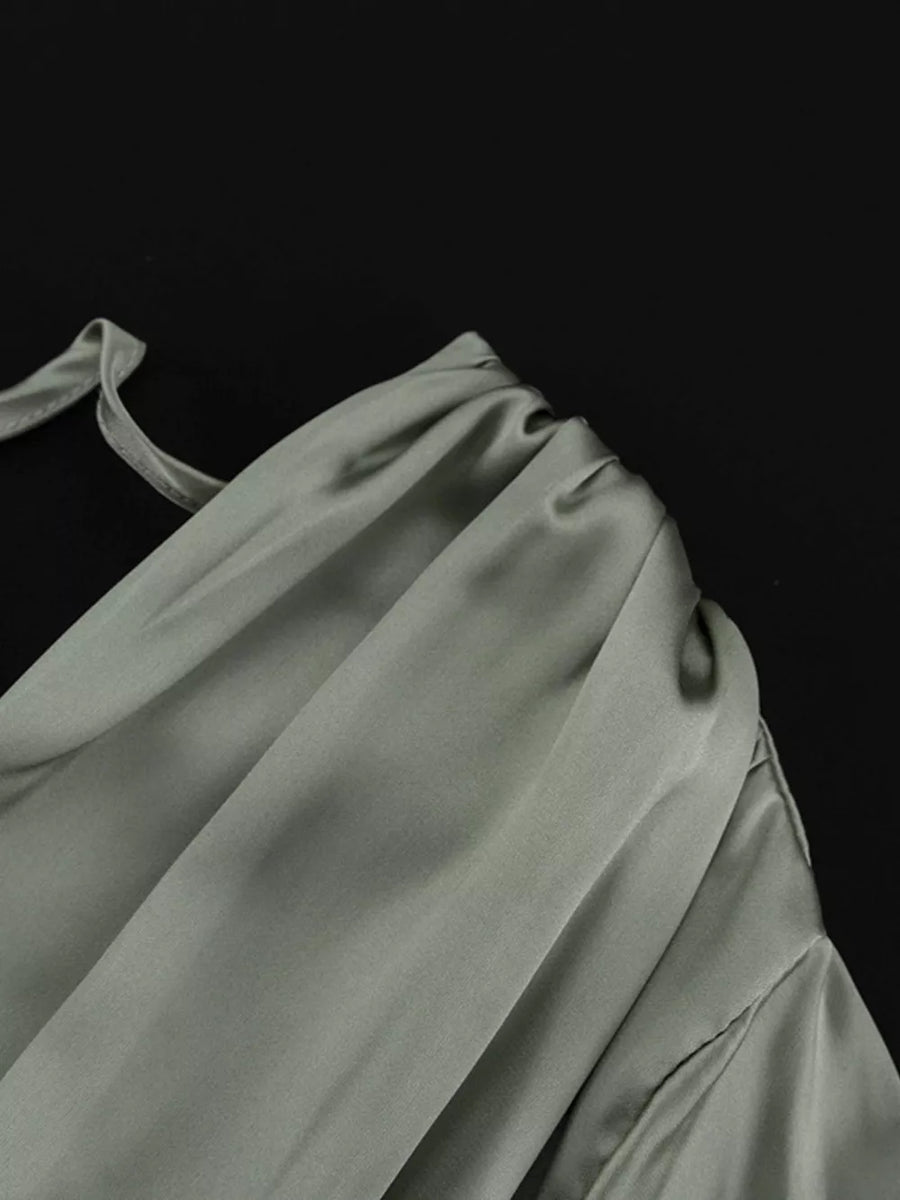 Sage green satin cowl neck top with ruched shoulder detail