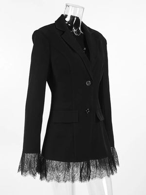 Lace Hem Lapel Collar Blazer in Black with buttoned