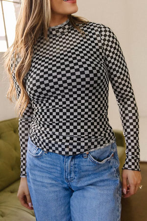 Plaid Stand Neck Long Sleeve Mesh Top option 4