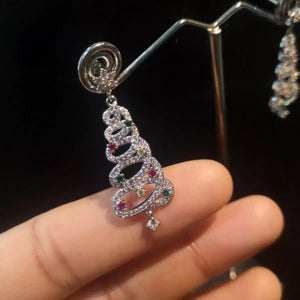 Silver Christmas tree dangle earrings with colorful gems and clear stones