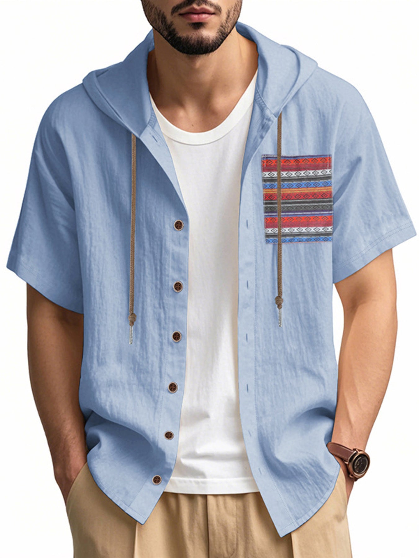 Light blue hooded short sleeve shirt with patterned chest pocket and button front