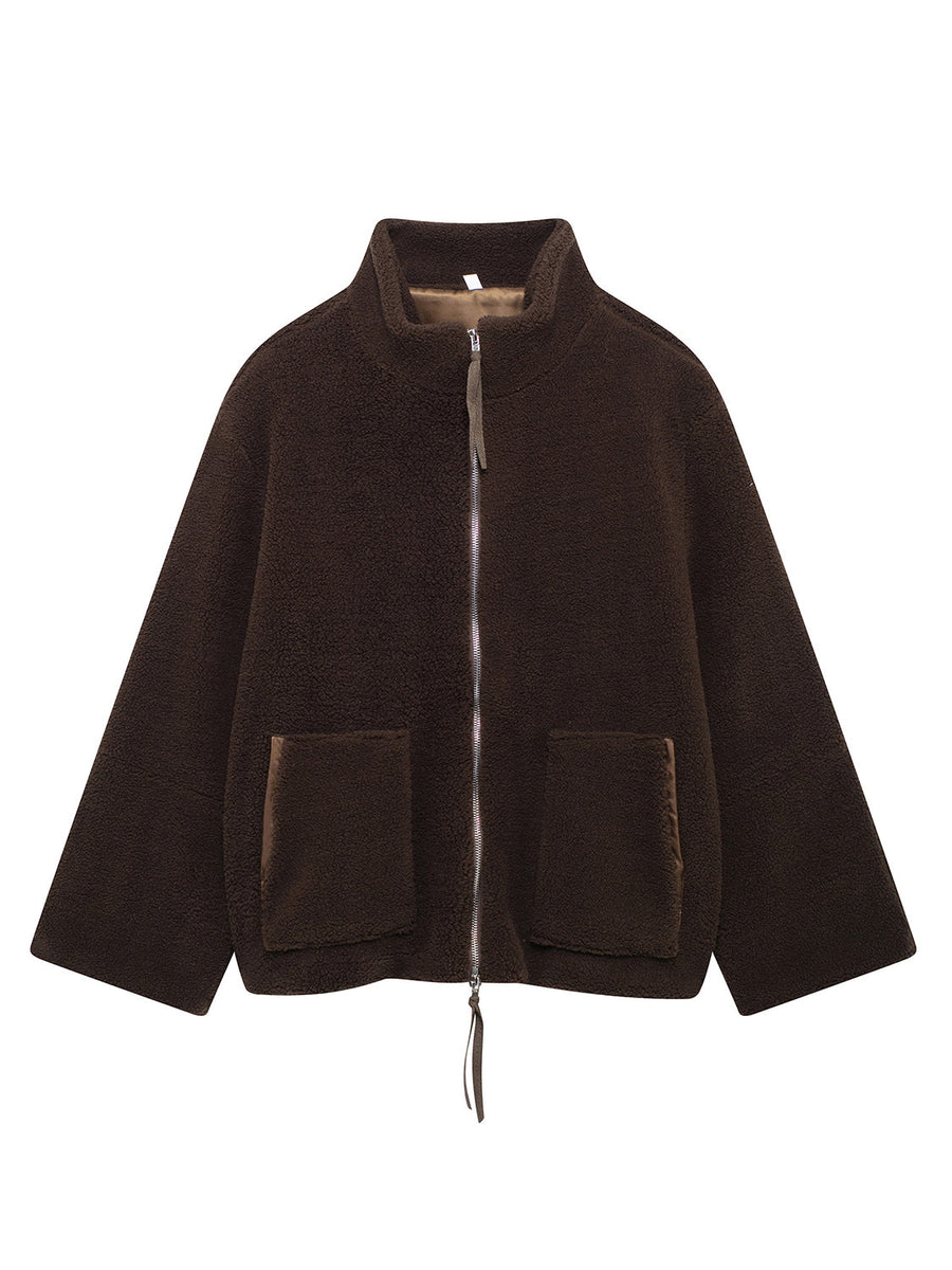 Brown sherpa stand-collar jacket with zip front and two patch pockets.