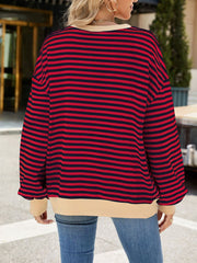 Striped crew neck sweatshirt in red and navy with a tan hem and cuffs.