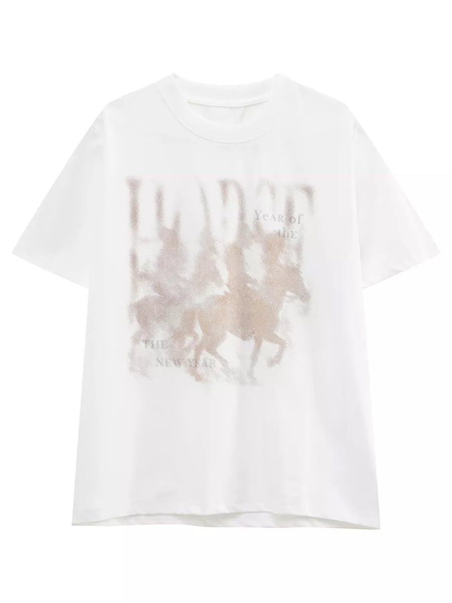 White cotton blend graphic t-shirt with vintage horse and text print