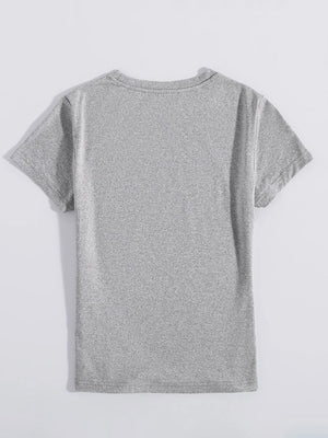 Gray heather t-shirt with crew neck and short sleeves.