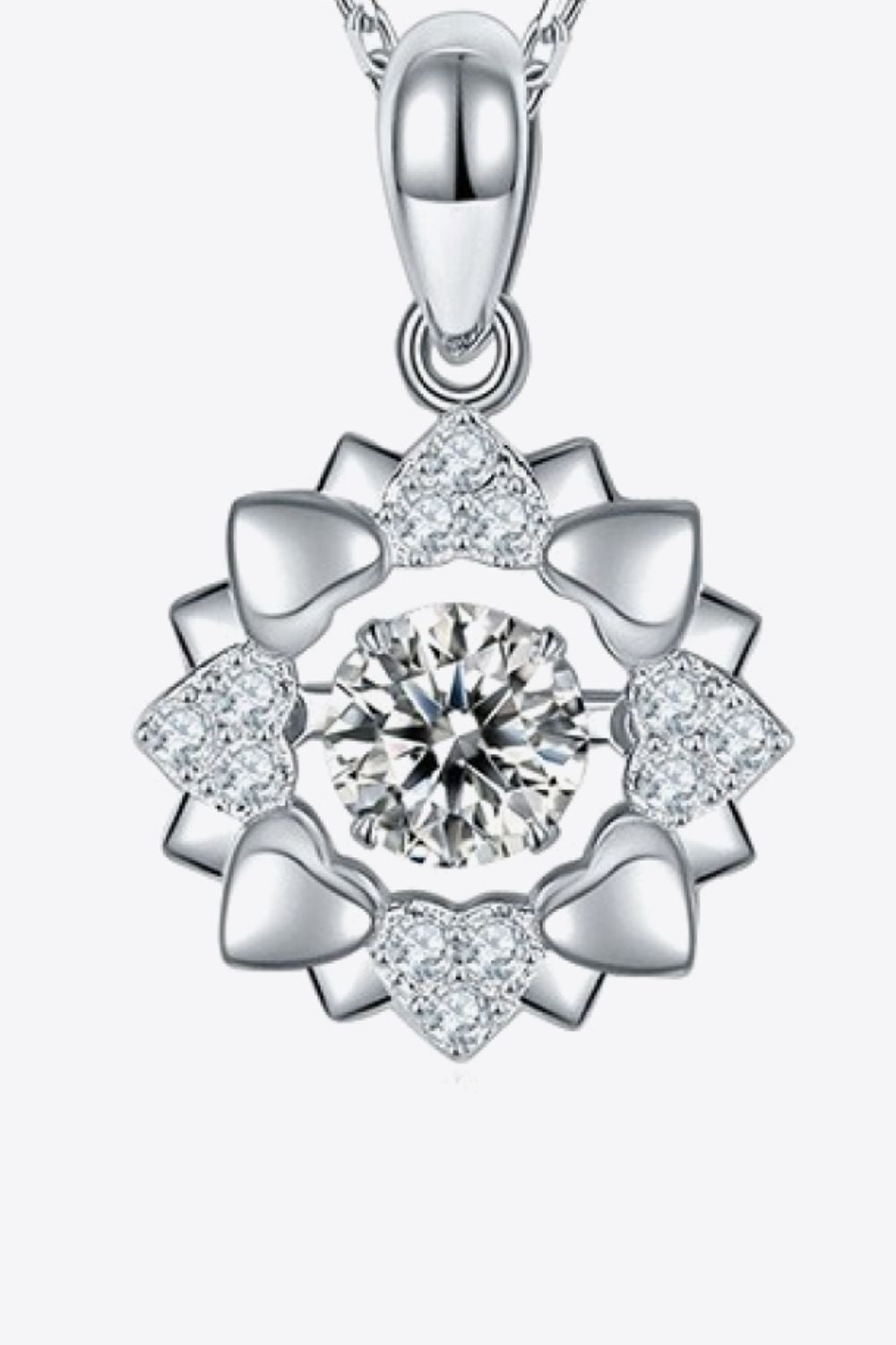 Silver heart-set diamond halo necklace in 925 sterling silver with a central sparkling stone.