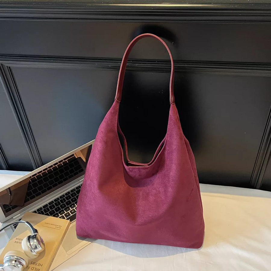 Wine Red Solid Color Large Shoulder Bag