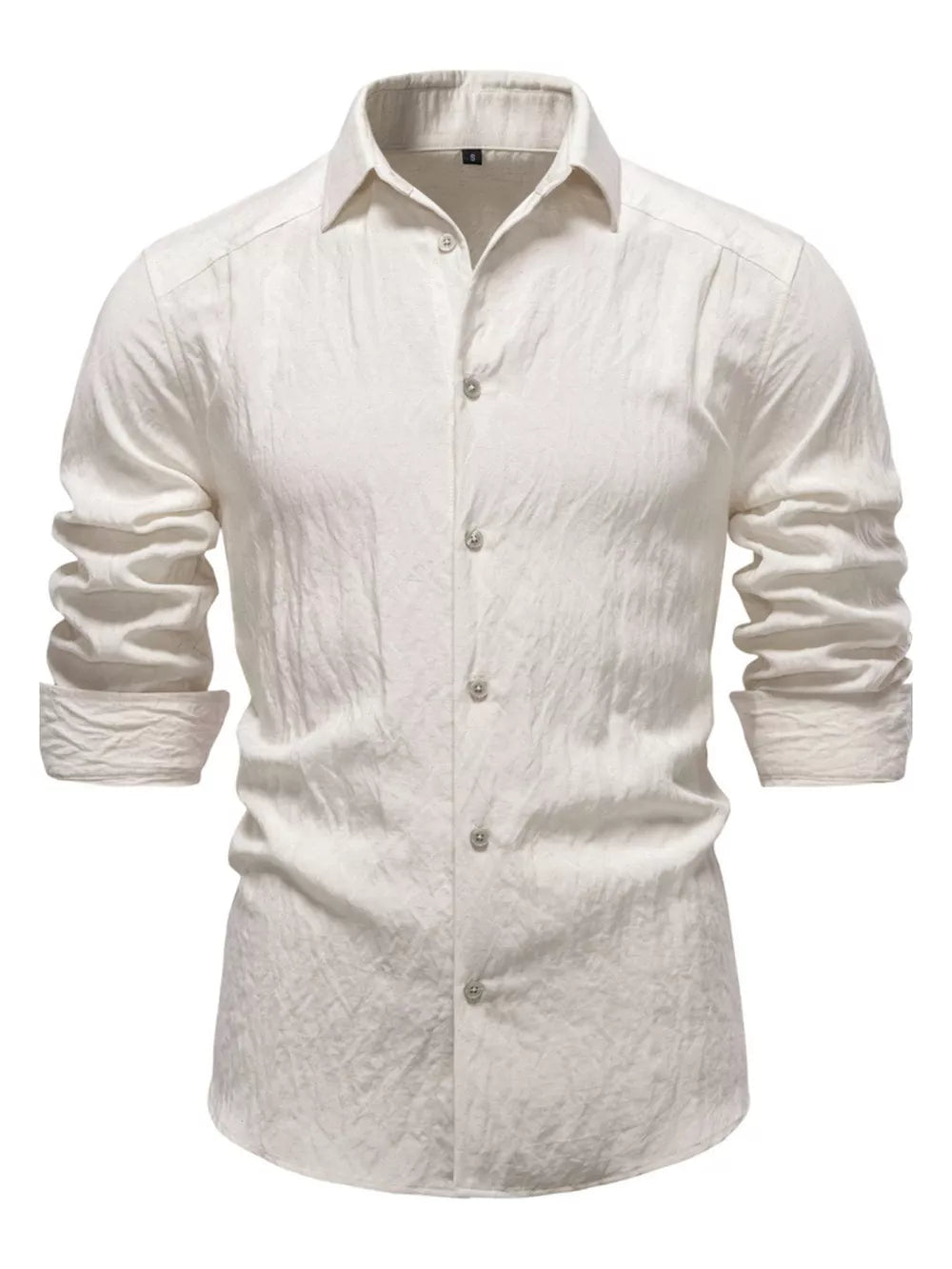 Elevated long sleeve button-up shirt in apricot with classic collar and textured cotton fabric.