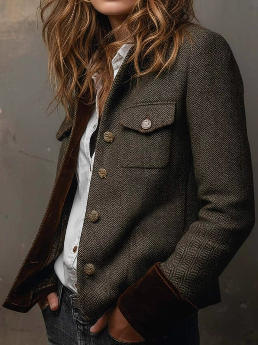 brown blazer featuring buttoned and herringbone