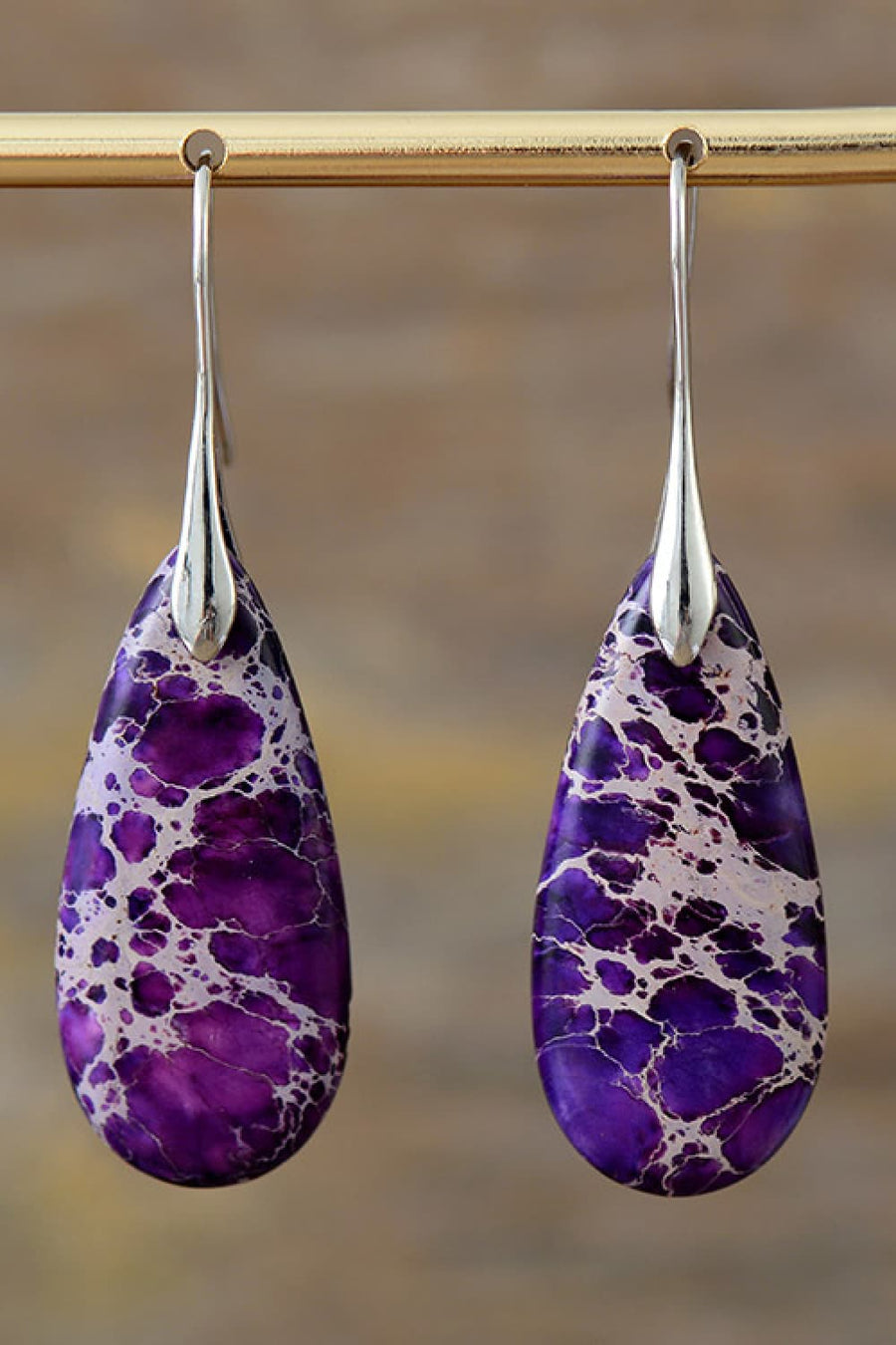 Purple and silver dangle earrings with ocean jasper stone and a bohemian style.