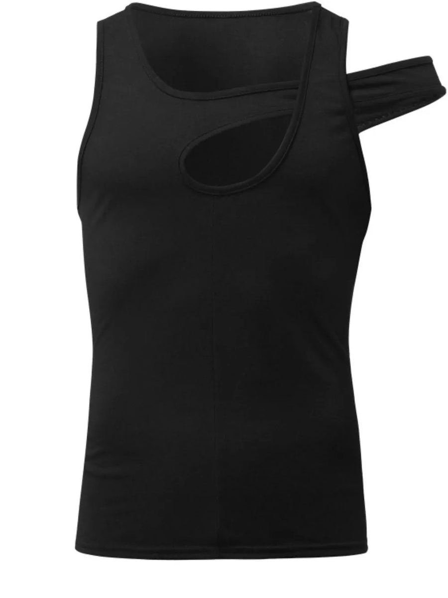 Black asymmetric cutout tank top with sculpted shoulder detail.