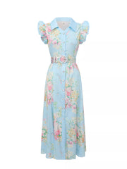Light blue floral midi dress with ruffle sleeves, collared neckline, buttons, and matching belt.