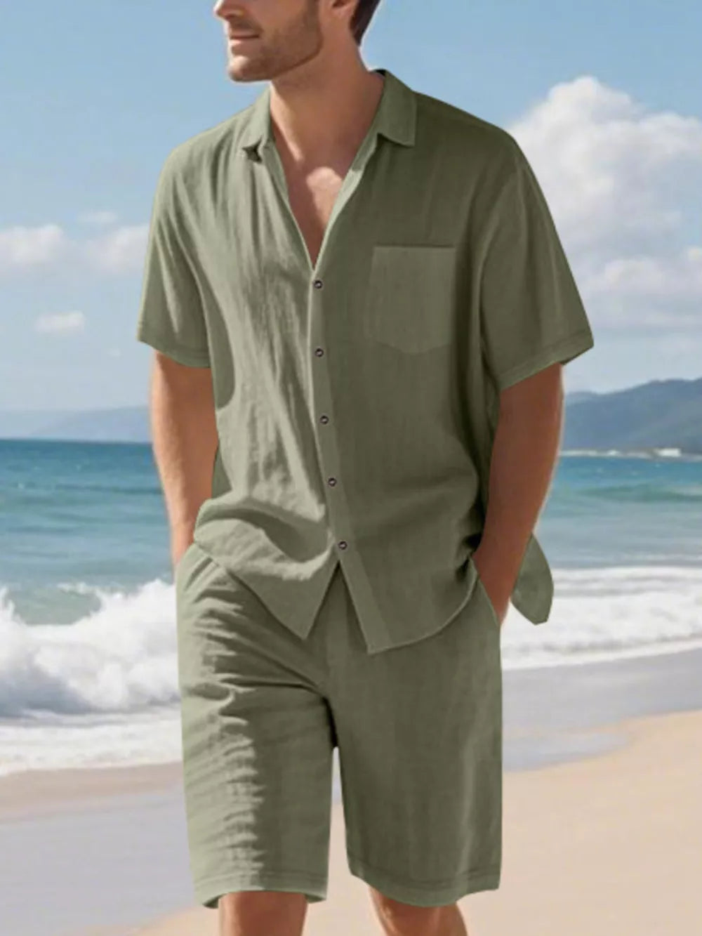 Men's army green casual shirt and shorts ensemble, short sleeve collared shirt with pocket, comfortable shorts