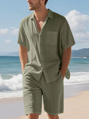 Men's army green casual shirt and shorts ensemble, short sleeve collared shirt with pocket, comfortable shorts