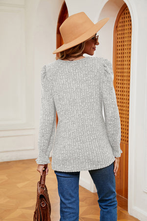 Light Gray ribbed square neck tee with puff sleeves and ruffled cuffs.
