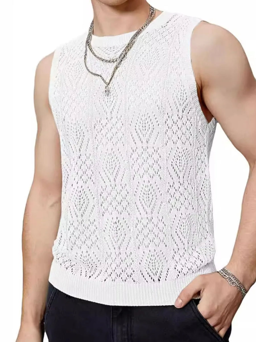 White mesh muscle tee with diamond pattern and crew neck.