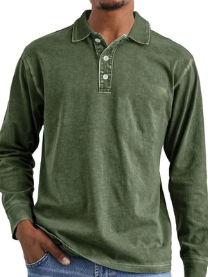 Long-sleeve polo shirt in Army Green with a vintage wash and button placket.
