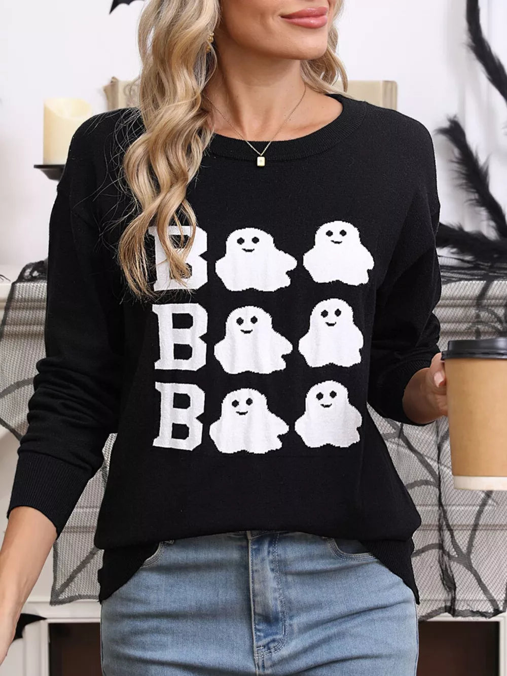 black crewneck sweater with graphic-print and crew neck