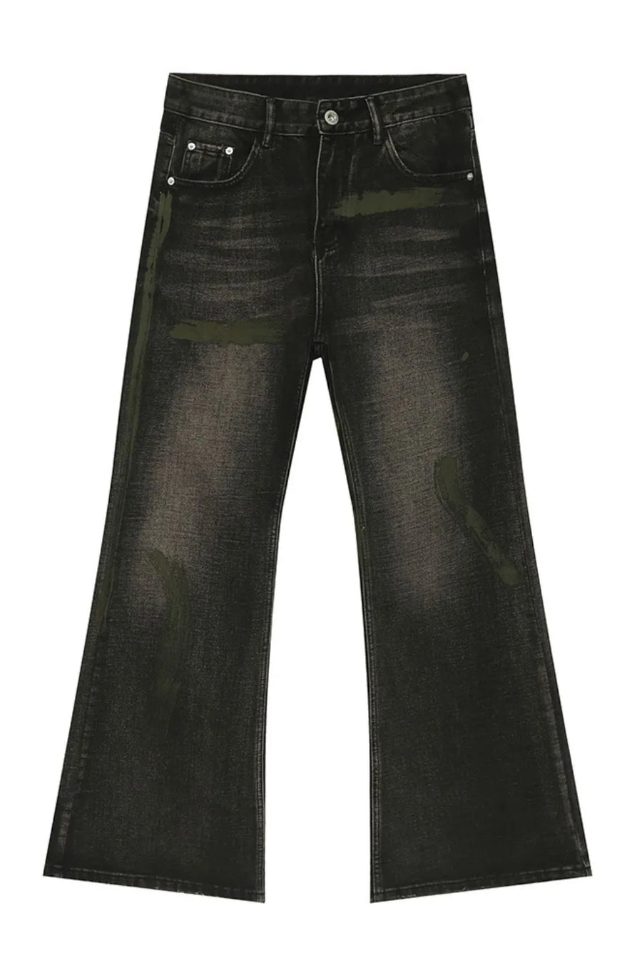 Dark wash bootcut jeans with green paint-like accents and a faded effect.