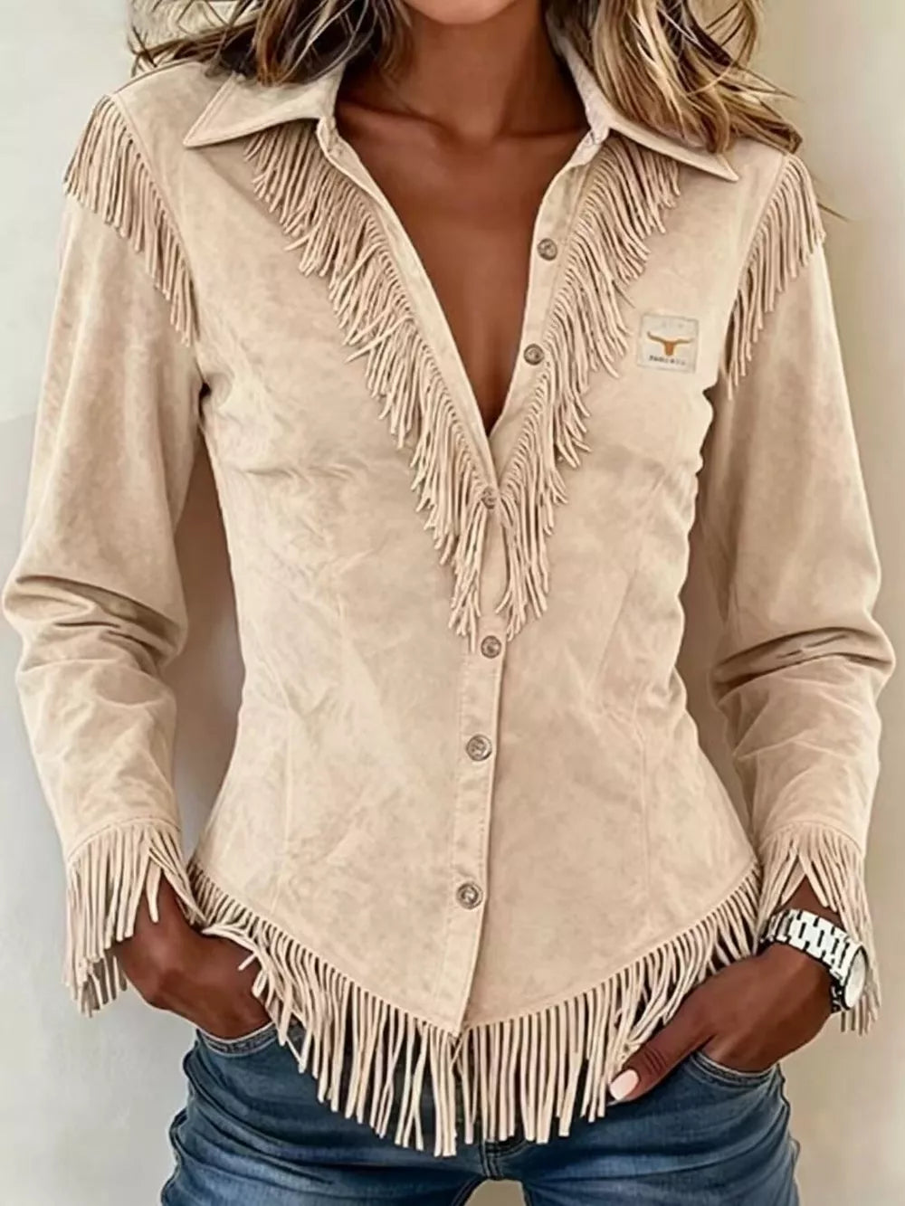 Full Size Fringed Collared Neck Shirt Plus Size in White