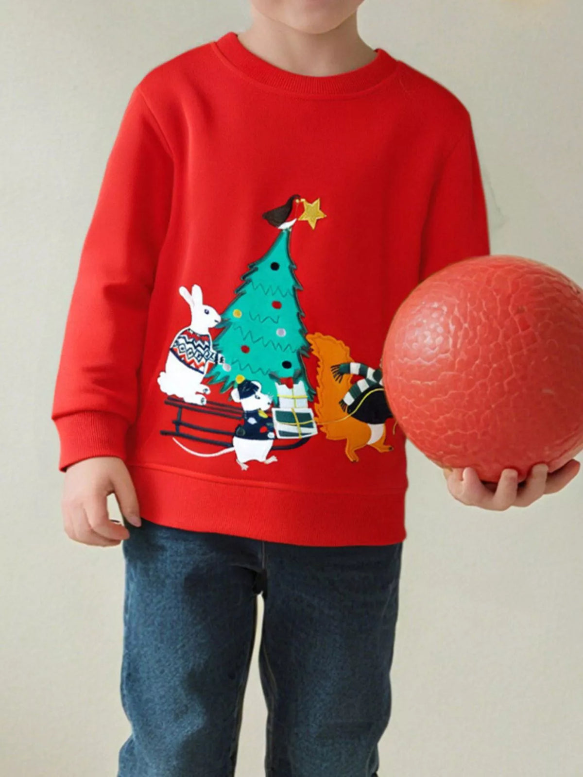 Red crewneck sweatshirt with embroidered Christmas tree and animals, cotton fabric