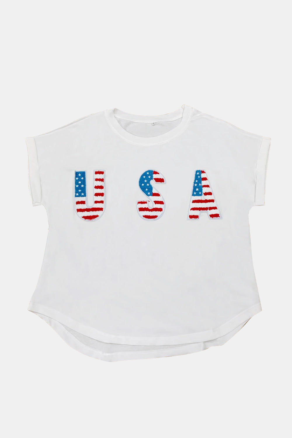 White t-shirt with embroidered USA flag letters, crew neck, short sleeves