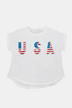 White t-shirt with embroidered USA flag letters, crew neck, short sleeves