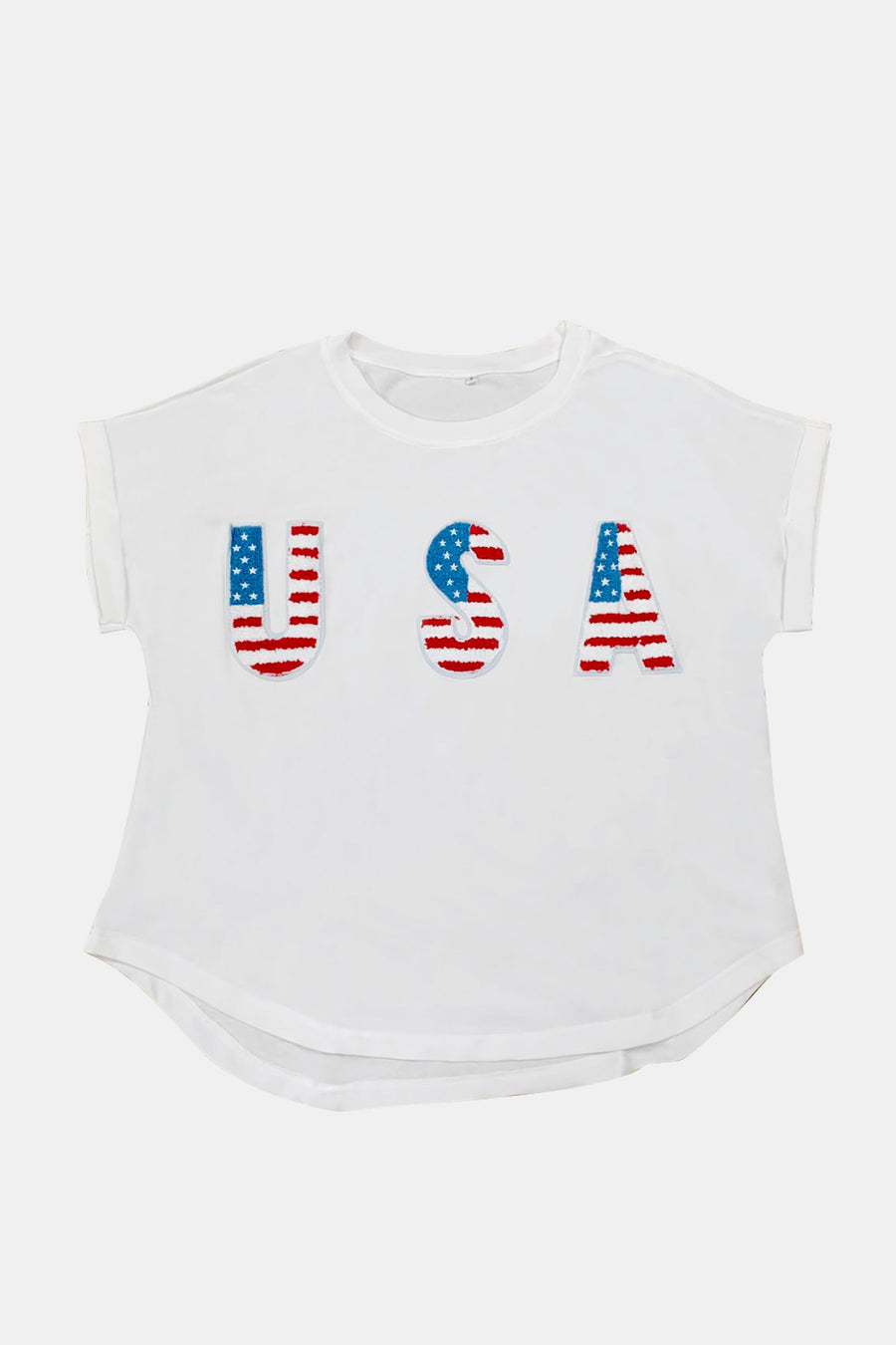 White t-shirt with embroidered USA flag letters, crew neck, short sleeves