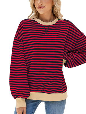 Striped crew neck sweatshirt in red and navy with tan trim.