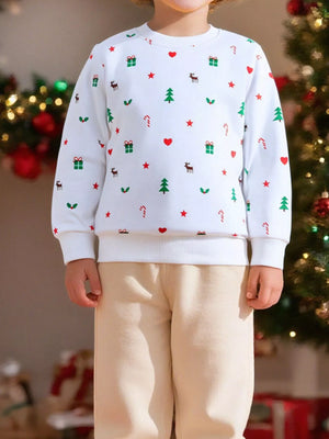 White crew neck sweatshirt with Christmas print, long sleeves, cotton blend.
