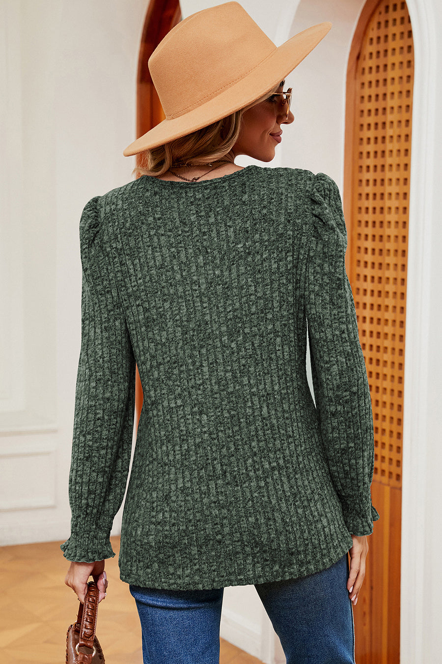 Dark Green ribbed knit tee with square neckline, puff sleeves, and ruffled cuffs.
