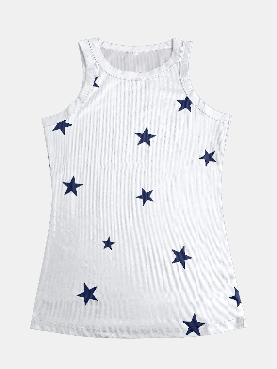 White ribbed tank top with navy stars pattern, crew neck, sleeveless.