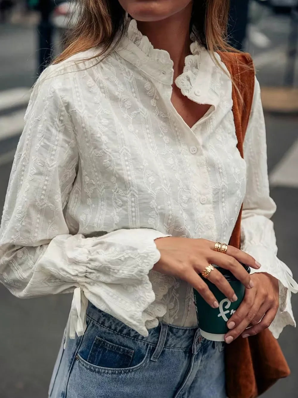 Embroidered Flounce Sleeve Shirt in White
