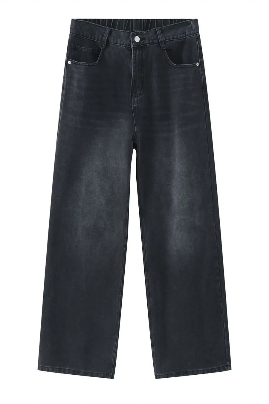 Dark Gray wide-leg denim trousers with elastic waist and button closure.