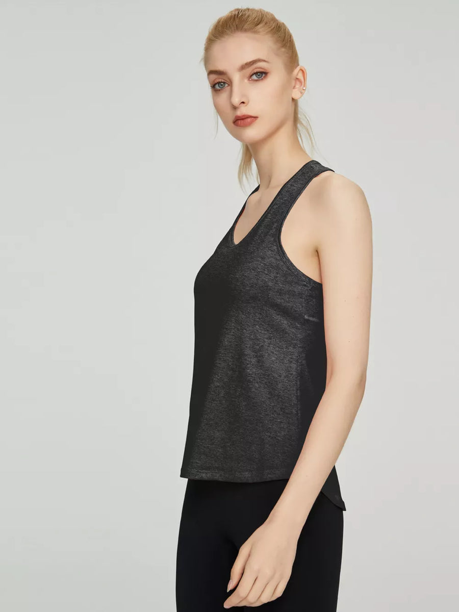 Women's black heathered athletic tank top with V-neck and racerback.