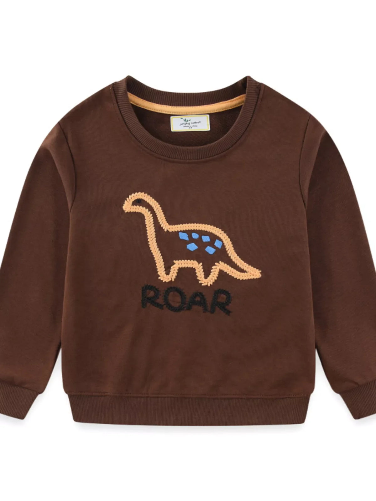 Dark brown cotton blend sweatshirt with dinosaur embroidery and ROAR text.
