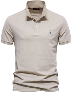 Khaki piqué polo shirt with giraffe embroidery and striped collar detail.