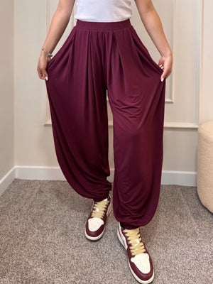 Drawstring Elastic-Waist High-Waisted Wide-Leg Pants in Brown