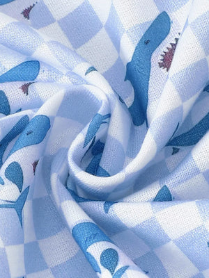 Baby hoodie set fabric with blue checkered pattern and white shark print