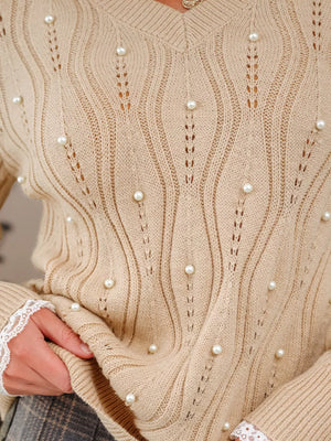 Beige with Elegant Pearl Embellished Sweater With Lace in Beige