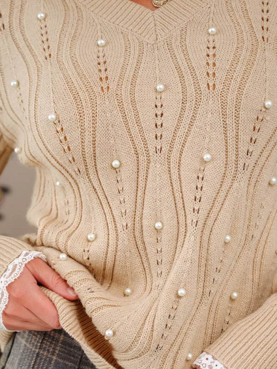 Beige with Elegant Pearl Embellished Sweater With Lace in Beige