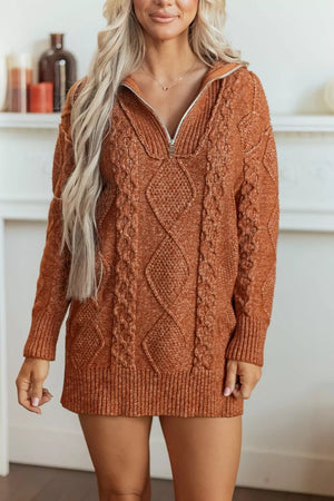 Caramel sweater dress featuring cable-knit and cable knit
