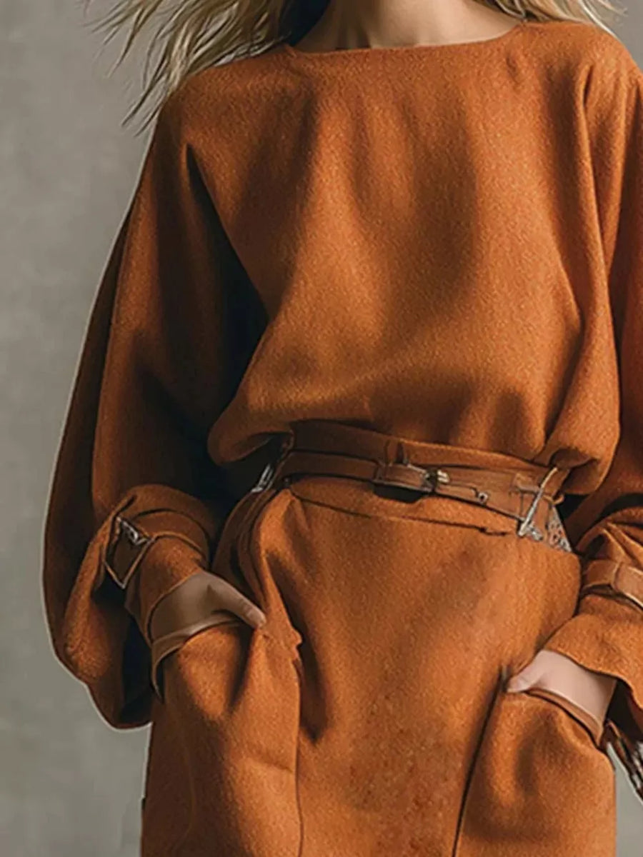 100% polyester Care instructions: Machine wash cold two-piece set in Caramel with relaxed silhouette