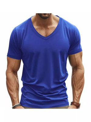 Men's royal blue slim fit v-neck t-shirt with short sleeves.